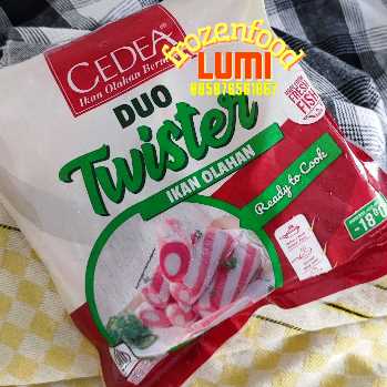 Cedea Duo Twister 500gJogja Frozen Food Condongcatur Duo Twister, merupakan ikan olahan bermutu dengan tekstur kenyal dan bentuk unik dengan ciri khas berwarna belang merah dan putih seperti twister.