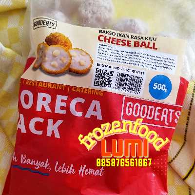 Good Eats Cheese Fish Ball 500grJogja Frozen Food Condongcatur Terbuat dari surimi, keju, pati tapioka, pati jagung, terigu serta bahan dan bumbu lainnya.<br>
Horeca pack